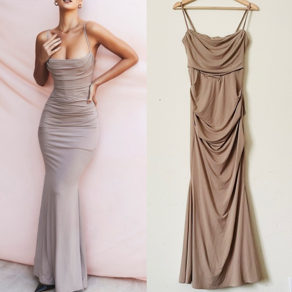 House of CB Taupe Cowl Neck Maxi Dress